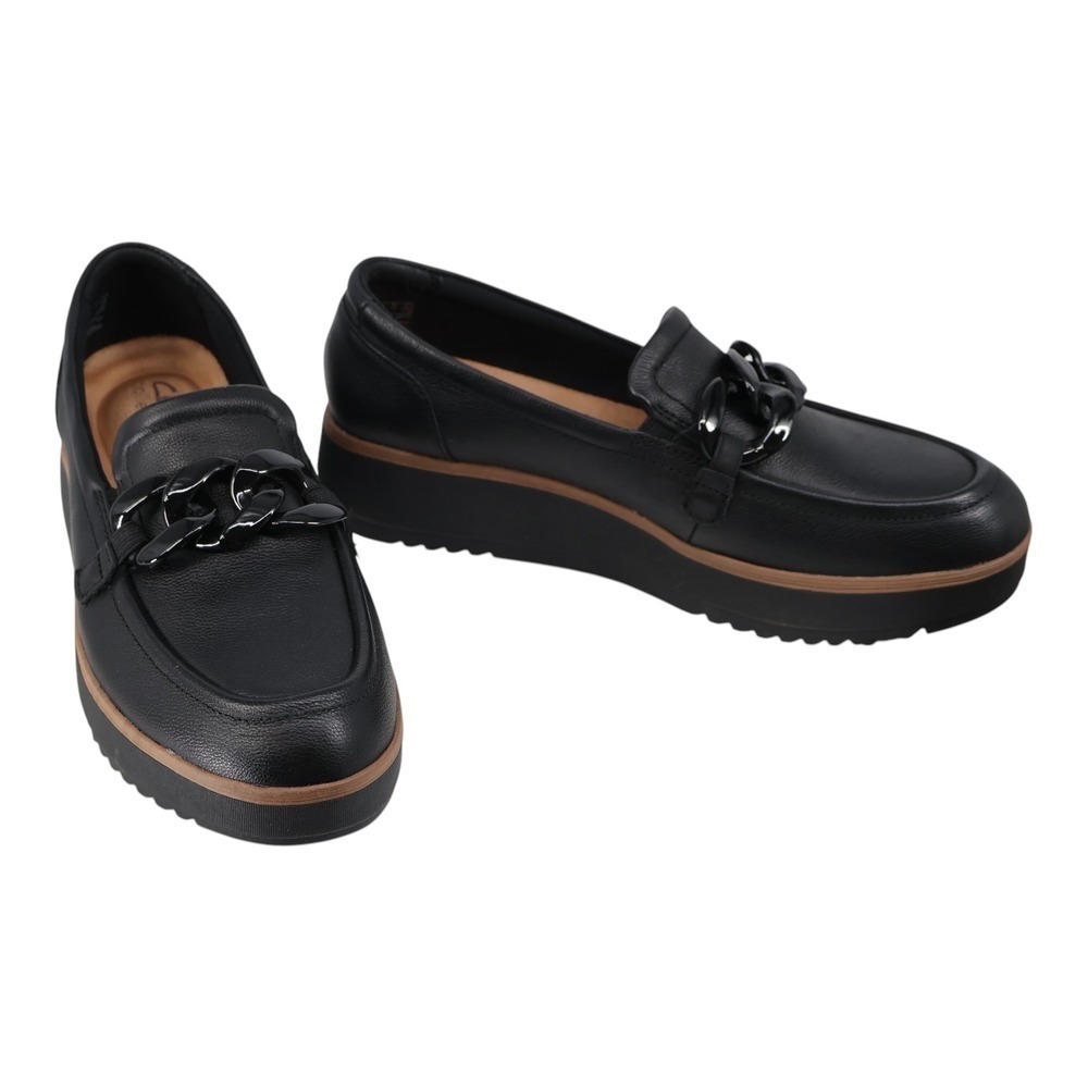 Clarks Zylah May Black Leather Chain Platform Wedge Loafers Wide Width 9 W New